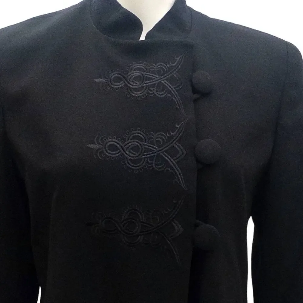 Christian Dior Vintage Embroidered Black Wool Long Coat Mandarin Collar Women 6